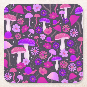 Dessous-de-verre Carré En Papier Trippy Seventies Champignons rose, violet et noir