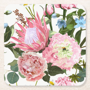 Dessous-de-verre Carré En Papier Tropical motif floral aux fleurs roses.