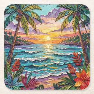 Dessous-de-verre Carré En Papier Tropical Paradise | Coastal Beach Scene Impasto