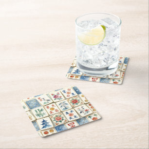 Dessous-de-verre Carré En Papier Tuiles de Mahjong Chinoiserie Fleurs Aquarelles Oi