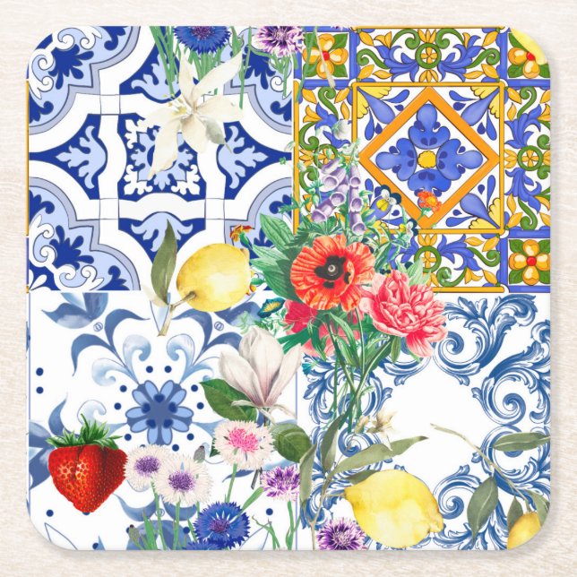 Dessous-de-verre Carré En Papier tuiles méditerranéennes, citron, fleurs, majolica, (Devant)