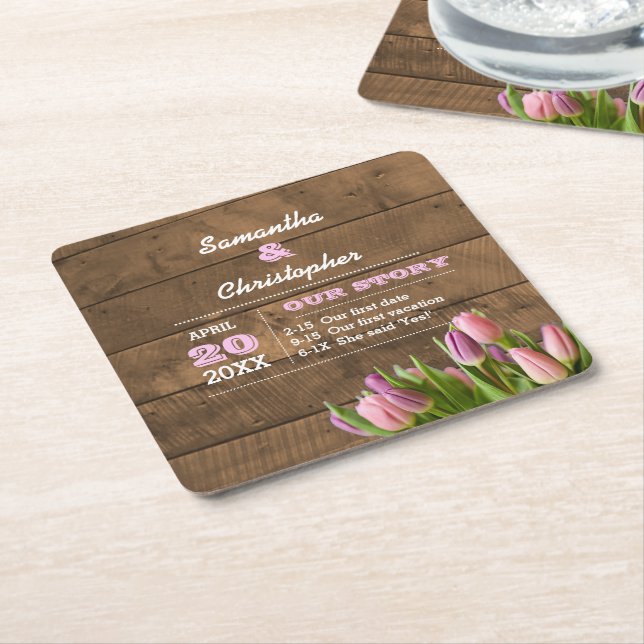 Dessous-de-verre Carré En Papier Tulipes & Barnwood Pastel Mariage personnalisé (Incliné)