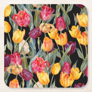 Dessous-de-verre Carré En Papier Tulipes colorées, arrière - plan noir isolé.