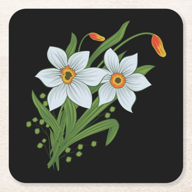 Dessous-de-verre Carré En Papier Tulipes et jonquilles Fleurs Arrière - plan noir (Devant)