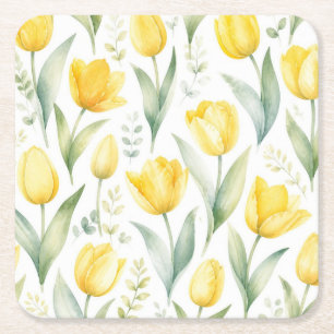 Dessous-de-verre Carré En Papier Tulipes jaunes Peinture florale aquarelle Botaniqu