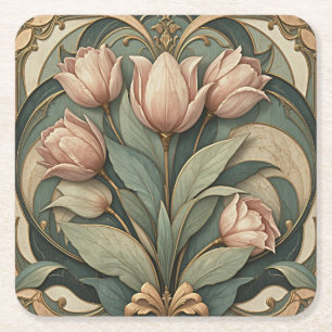 Dessous-de-verre Carré En Papier Tulipes roses Art Nouveau Papier dessous de verre 