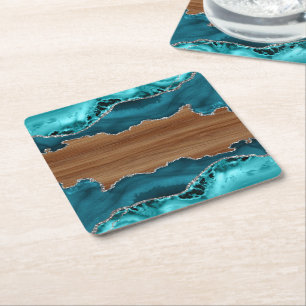 Dessous-de-verre Carré En Papier Turquoise Bleu Agate Pierre Argent Tec bois