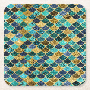 Dessous-de-verre Carré En Papier Turquoise de Teal d'or d'échelles de poissons de