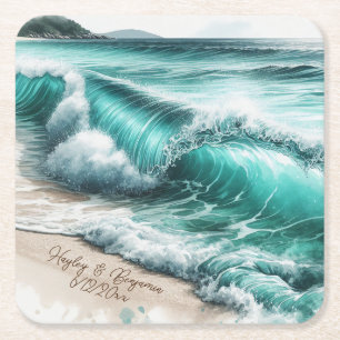 Dessous-de-verre Carré En Papier Turquoise Ocean Waves Mariage personnalisé
