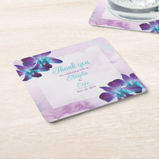 Dessous-de-verre Carré En Papier Turquoise violet bleu Dendrobium Mariage orchidée (Incliné)