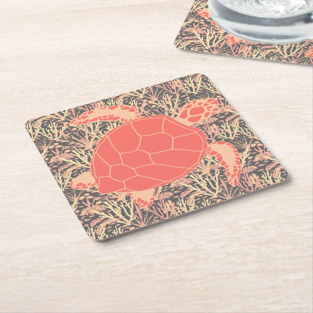 Dessous-de-verre Carré En Papier Turtle Ocean Reef Coral et Grey (Incliné)