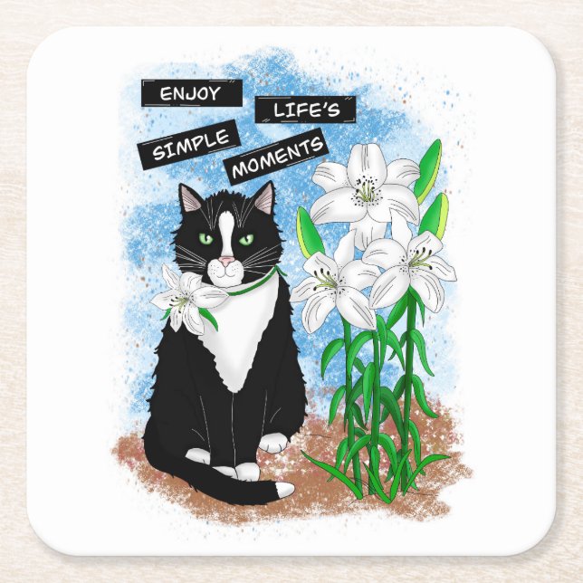 Dessous-de-verre Carré En Papier Tuxedo Chat et Lilies | Devis inspirant (Devant)