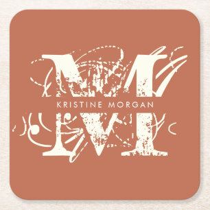 Dessous-de-verre Carré En Papier Typographie chic nom de monogramme en terre cuite