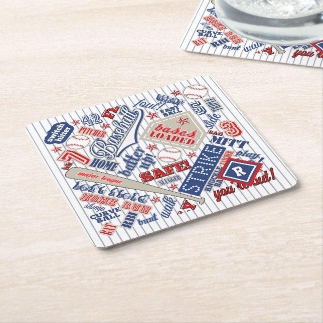Dessous-de-verre Carré En Papier Typographie de baseball Rouge Blanc Bleu Bleu Trap (Incliné)