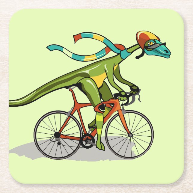 Dessous-de-verre Carré En Papier Un Dinosaure Anabisetia À Vélo. (Devant)