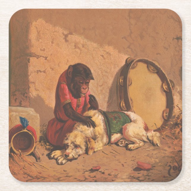 Dessous-de-verre Carré En Papier Un Singe Et Un Chien Avec Un Grand Tambourin (Devant)