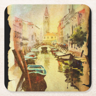 Dessous-de-verre Carré En Papier Une vue du canal avec des bateaux et des bâtiment