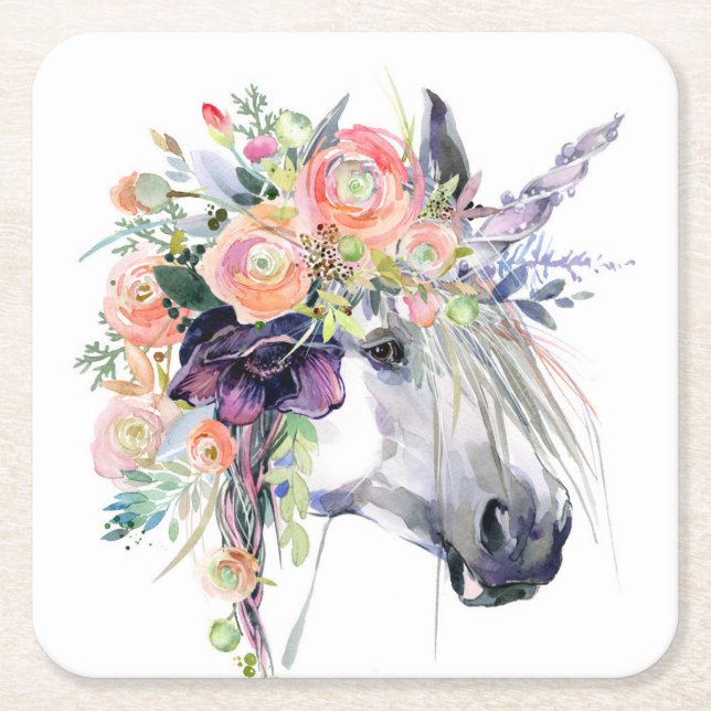 Dessous-de-verre Carré En Papier Unicorne en fleurs (Devant)