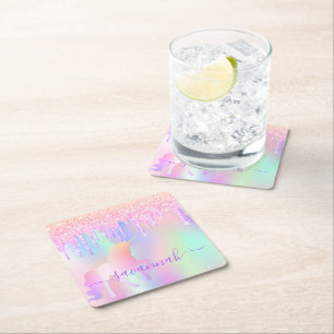 Dessous-de-verre Carré En Papier Unicorne parties scintillant rose iridescente rose