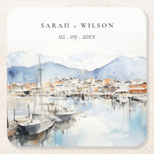 Dessous-de-verre Carré En Papier Ushuaia, Argentine Paysage aquarelle Mariage