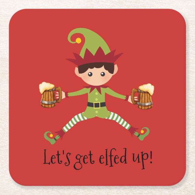 Dessous-de-verre Carré En Papier Vacances Levons-nous Elfes Bière Noël (Devant)