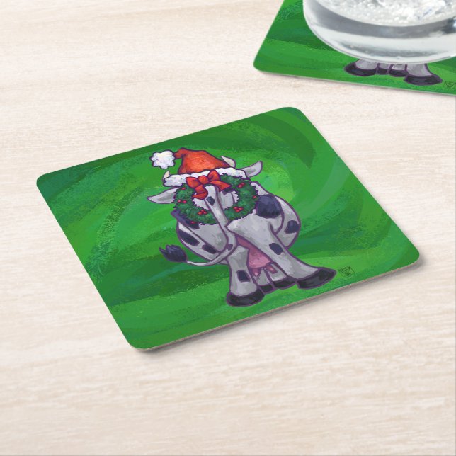 Dessous-de-verre Carré En Papier Vache Noël sur vert (Incliné)