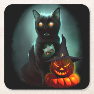 Dessous-de-verre Carré En Papier Vampire Chat et Assistant Citrouille Halloween Sur