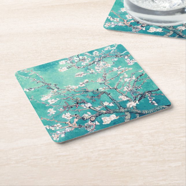 Dessous-de-verre Carré En Papier Van Gogh Almond Blossoms Turquoise (Incliné)