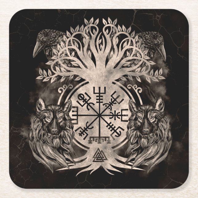 Dessous-de-verre Carré En Papier Vegvisir -Yggdrasil Avec Ravens & Wolves (Devant)