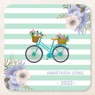 Dessous-de-verre Carré En Papier Vélos Fleurs Bleues Modernes