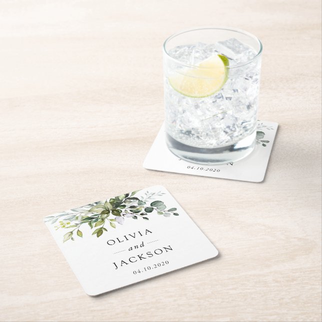 Dessous-de-verre Carré En Papier Verdure, Feuilles d'Eucalyptus, Mariage botanique (En situation)