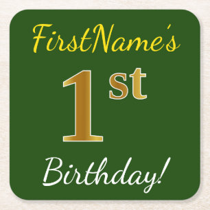Dessous-de-verre Carré En Papier Vert, Faux Gold 1er anniversaire + Nom personnalis