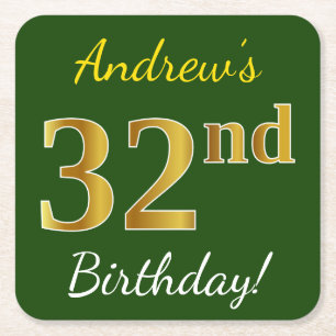 Dessous-de-verre Carré En Papier Vert, Faux Gold 32e anniversaire + Nom personnalis