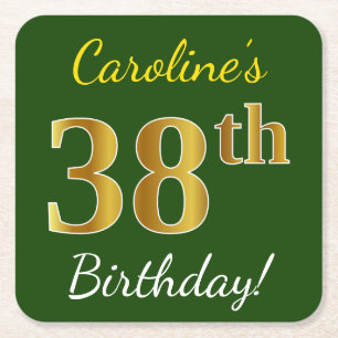 Dessous-de-verre Carré En Papier Vert, Faux Gold 38e anniversaire + Nom personnalis