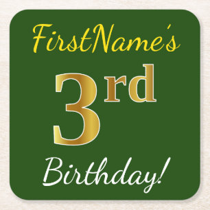 Dessous-de-verre Carré En Papier Vert, Faux Gold 3ème anniversaire + Nom personnali