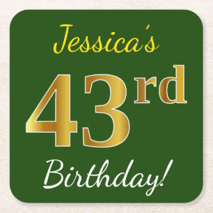 Dessous-de-verre Carré En Papier Vert, Faux Gold 43ème anniversaire + Nom personnal