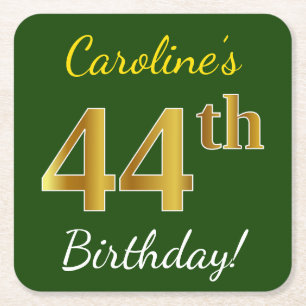 Dessous-de-verre Carré En Papier Vert, Faux Gold 44e anniversaire + Nom personnalis