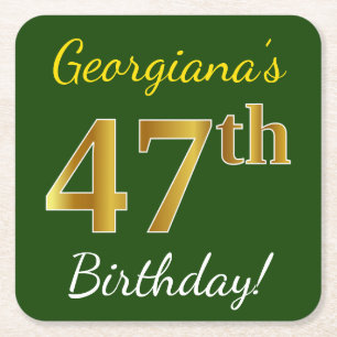 Dessous-de-verre Carré En Papier Vert, Faux Gold 47e anniversaire + Nom personnalis