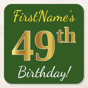 Dessous-de-verre Carré En Papier Vert, Faux Gold 49e anniversaire + Nom personnalis