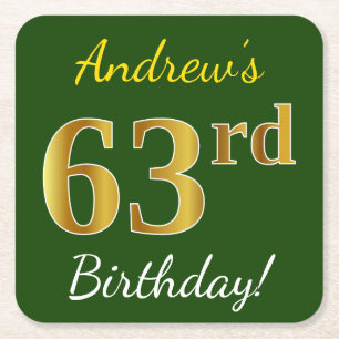 Dessous-de-verre Carré En Papier Vert, Faux Gold 63e anniversaire + Nom personnalis
