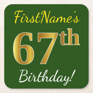 Dessous-de-verre Carré En Papier Vert, Faux Gold 67e anniversaire + Nom personnalis