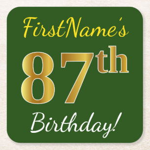Dessous-de-verre Carré En Papier Vert, Faux Gold 87e anniversaire + Nom personnalis
