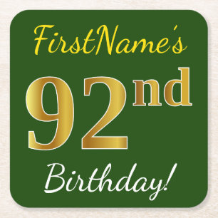 Dessous-de-verre Carré En Papier Vert, Faux Gold 92e anniversaire + Nom personnalis