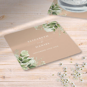 Dessous-de-verre Carré En Papier Vert floral Élégant Tan Mariage