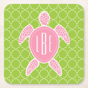 Dessous-de-verre Carré En Papier Vert rose décoré d'un monogramme Quatrefoil de