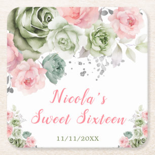 Dessous-de-verre Carré En Papier Vert sauge et floral rose pour un Sweet Sixteen