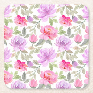 Dessous-de-verre Carré En Papier Vibe Printanier Frais : Dessin Floral Rose et Viol