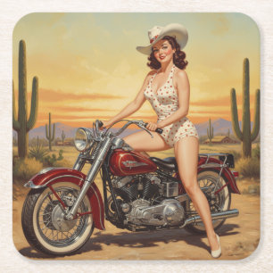 Dessous-de-verre Carré En Papier Vielle école Retro Pin-up fille sur moto