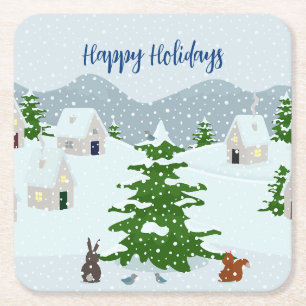 Dessous-de-verre Carré En Papier Village d'hiver avec neige, lapin, écureuil et pin