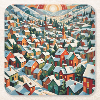 Dessous-de-verre Carré En Papier village d'hiver sous la neige vintage